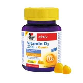 Abbildung der Produktverpackung Doppelherz aktiv Vitamin D3 2000 I.E. Gums Frontansicht